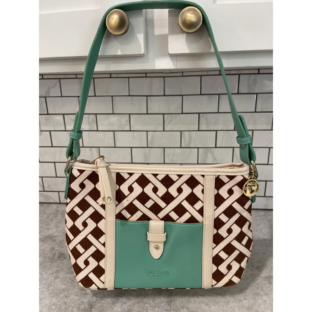 Vintage Spartina Shoulder Bag Womens M Brown Linen Leather Geometric Daufuskie